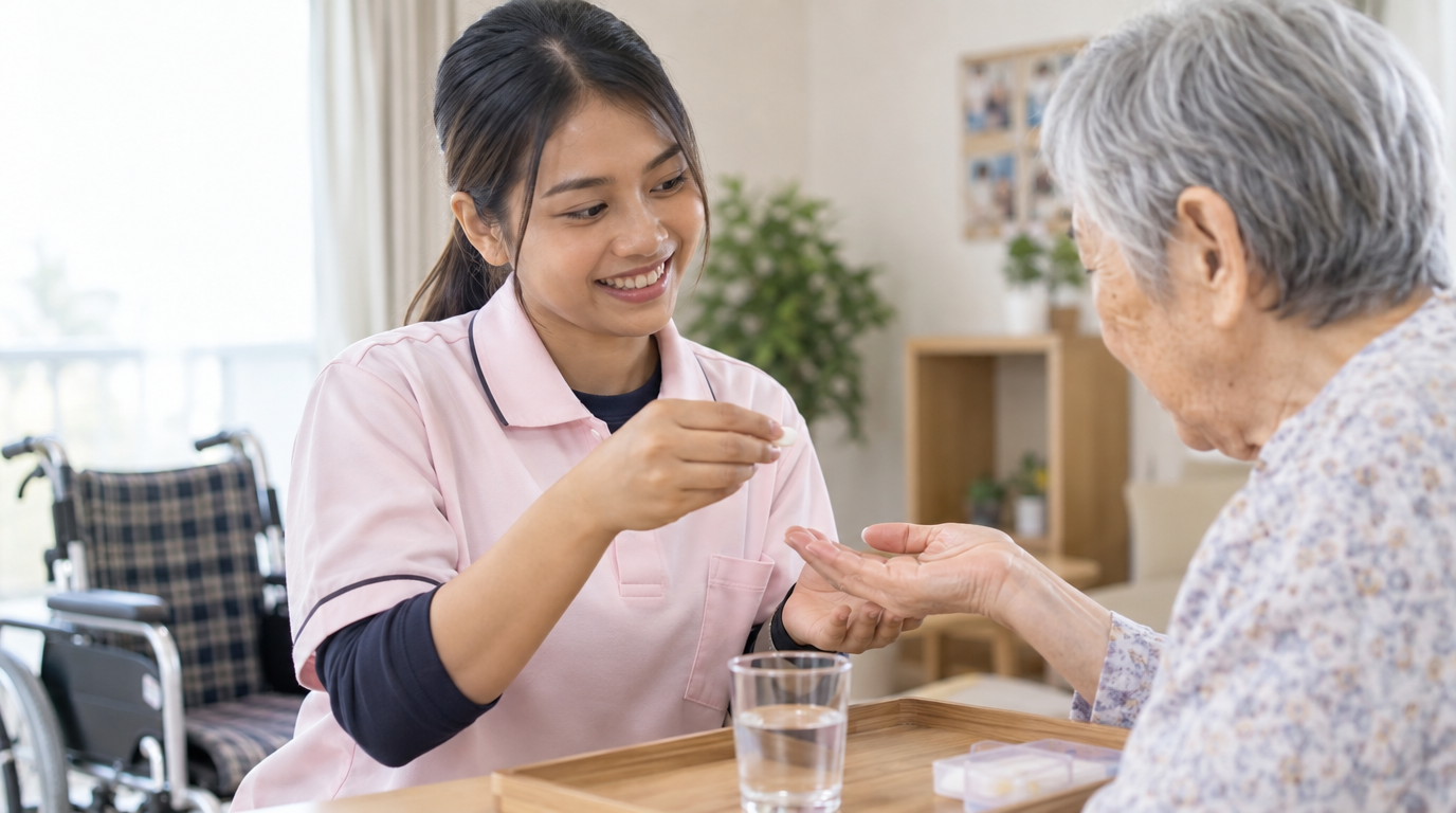 服薬介助する特定技能の女性。