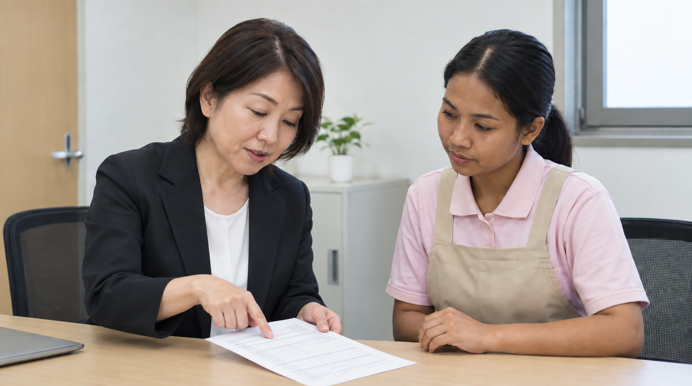 給与明細の説明を受ける特定技能の女性。