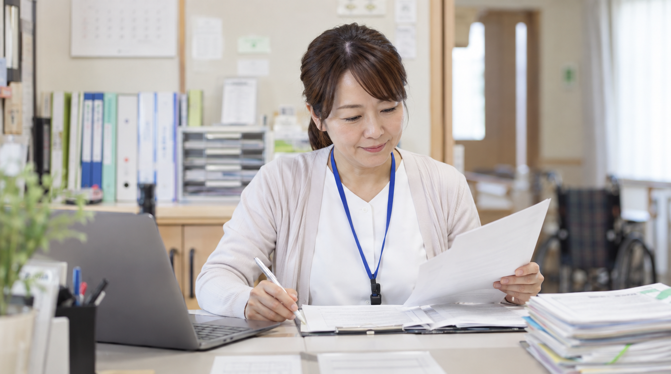 介護施設の事務所で事務作業している女性施設長の様子
